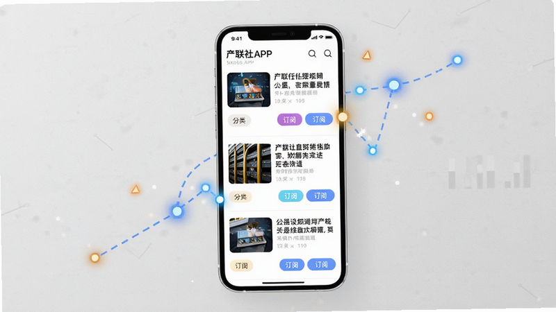 产联社APP的新闻资讯列表界面,每一条新闻配有缩略图,标题醒目,左侧有分类标签,底部有“订阅”按钮,背景为浅灰色纹理,整体风格扁平清爽,适配Boogu模型生成,画面主体为手机竖屏界面,周围有闪烁的数据节点