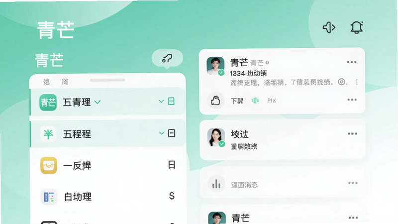 画面主体为青芒APP的首页截图,左侧显示日程列表,右侧是社交动态卡片,背景采用渐变薄荷绿与白色相间,整体风格清新简约,突出软件名“青芒”与核心功能布局,适配Boogu模型生成
