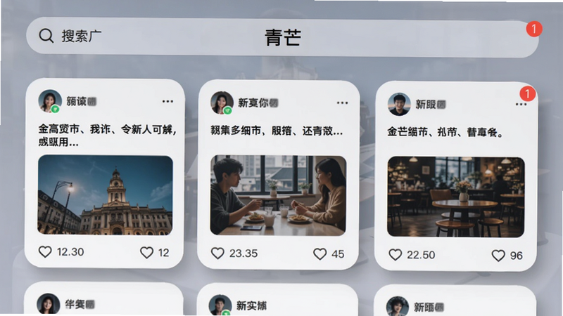 社交广场界面预览,顶部搜索栏,中部卡片式动态排列,包含文字、图片、点赞数,右上角红色消息提示,整体UI采用圆角卡片与柔和阴影,软件名“青芒”在导航栏中央