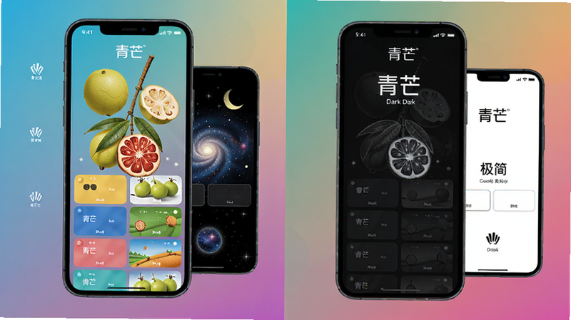 多款青芒主题预览图,左边是默认主题,右边是暗黑模式、星空主题、极简风主题,手机边框展示实际效果,背景为渐变色,突出“青芒”品牌和丰富的主题选择