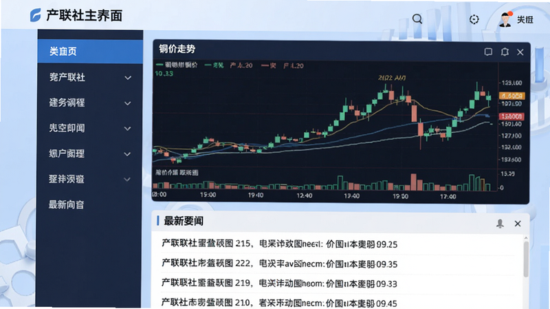 产联社主界面,左侧为分类导航栏,右侧显示铜价走势K线图与最新要闻列表,背景为淡蓝色财经风格,整体界面清爽专业,适配Boogu模型生成