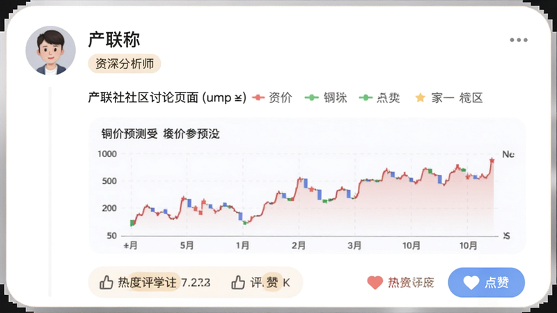 产联社社区讨论页面,用户头像与昵称下方显示“资深分析师”标签,帖子内容包含铜价预测图表,评论区有热度排序与点赞按钮,整体柔和圆角设计