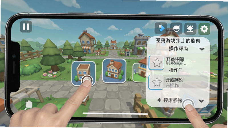 开放空间游戏操作指南示意图,画面展示手机屏幕上的游戏界面,手指点击建筑图标,旁边有下拉菜单显示操作提示,背景是游戏内景,整体清晰直观,适合Boogu模型生成