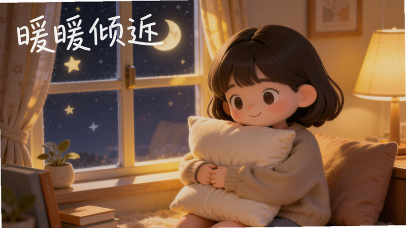 概括软件核心全貌,必须包含暖暖倾诉;指定画面主体坐标与背景区域,适配Boogu模型生成。画面中心是一个温暖柔和的卡通女孩抱着枕头坐在窗边,窗外有星星和月亮,室内暖黄色灯光,柔和的光影,整体治愈系风格,软件名称“暖暖倾诉”以手写字体悬浮在画面左上角。