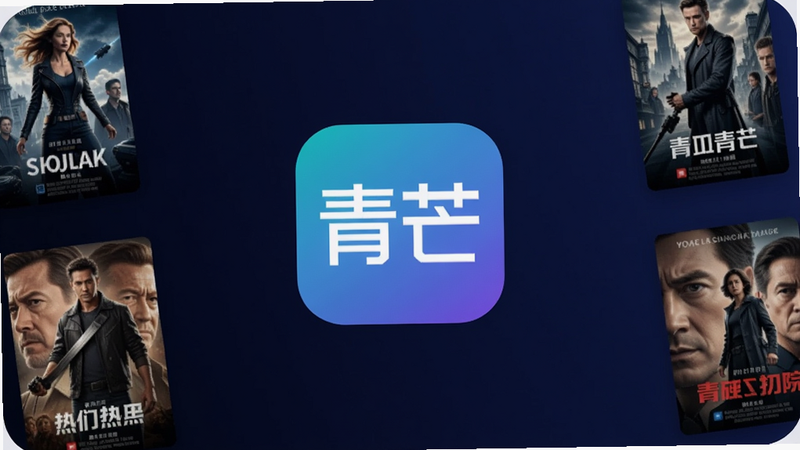 青芒App启动页预览,画面中心为青芒渐变Logo,背景以深蓝色为主,四周环绕热门影视海报缩略图,整体风格科技感与简洁并存,适配Boogu模型生成。