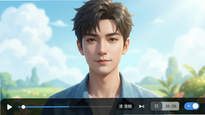 青芒播放界面效果图,视频画面清晰明亮,底部控制栏包含进度条、清晰度切换、倍速按键,右侧有弹幕开关,整体UI精致。