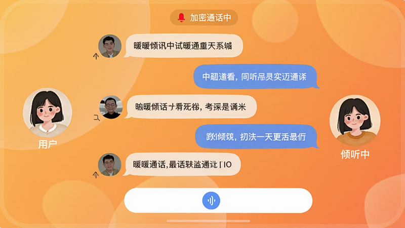 展示暖暖倾诉的一对一私聊界面,左侧是用户头像,右侧是倾听者头像,聊天框内有气泡消息,底部有语音输入按钮,背景是暖色渐变,上方显示“加密通话中”小标签。