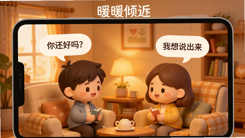 暖暖倾诉的主界面展示,暖色调背景,两个卡通人物在温馨的客厅中对话,头顶有对话气泡,气泡内显示文字“你还好吗?”和“我想说出来”,屏幕上方有软件名称“暖暖倾诉”,光线柔和,细节丰富,适合Boogu模型生成。
