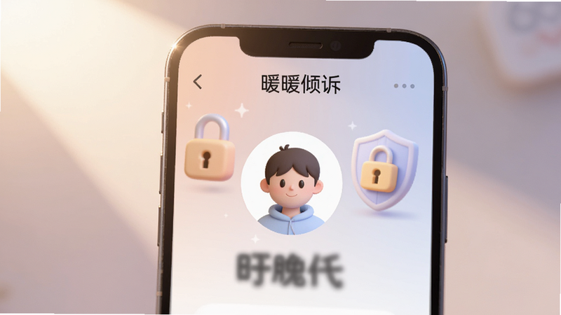 匿名保护功能预览图,手机屏幕上显示匿名头像和模糊化昵称,背景有锁和盾牌图标,整体色调柔和,光线从左上角照射,软件名称“暖暖倾诉”出现在手机顶部,细节清晰,适合Boogu模型。