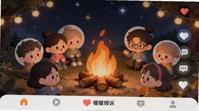 社区互动界面预览图,多个卡通头像围绕一个虚拟篝火,屏幕上有爱心和点赞图标,背景星空与暖黄灯光交织,软件名称“暖暖倾诉”出现在底部导航栏,画面生动,适合Boogu模型。
