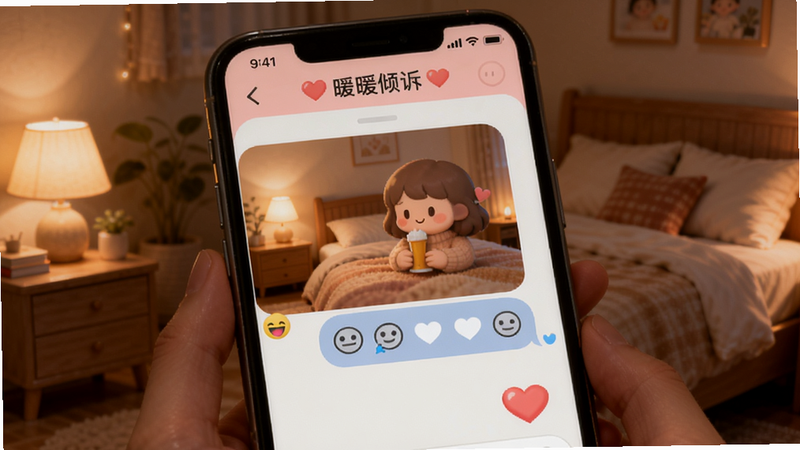 用户正在使用暖暖倾诉的场景预览图,手机屏幕显示对话界面,有表情符号和爱心,背景是温暖的卧室,灯光柔和,软件名称“暖暖倾诉”在屏幕上方,细节真实,适合Boogu模型。