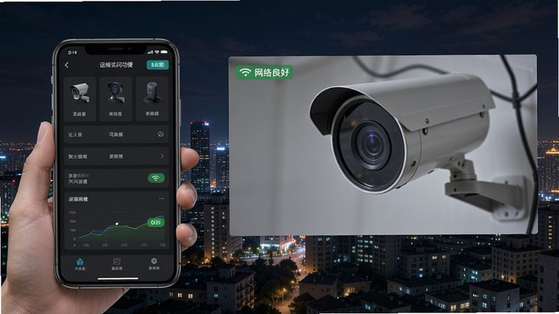 聚火远程访问功能示意图,手机显示远程控制界面,画面中有一台监控摄像头实时画面,左上角显示网络状态良好,背景为城市夜景,体现远程便捷。