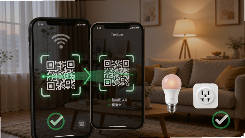 聚火一键配网功能演示,手机界面显示扫描二维码动画,旁边有智能灯泡、插座等设备图标,背景为温馨家庭环境,绿色对勾表示连接成功。