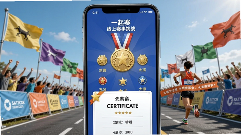 一起赛线上赛事挑战页面,虚拟奖牌展示区,手机屏幕上显示完赛证书,背景为马拉松赛道场景,彩色旗帜飘扬,运动员冲刺瞬间