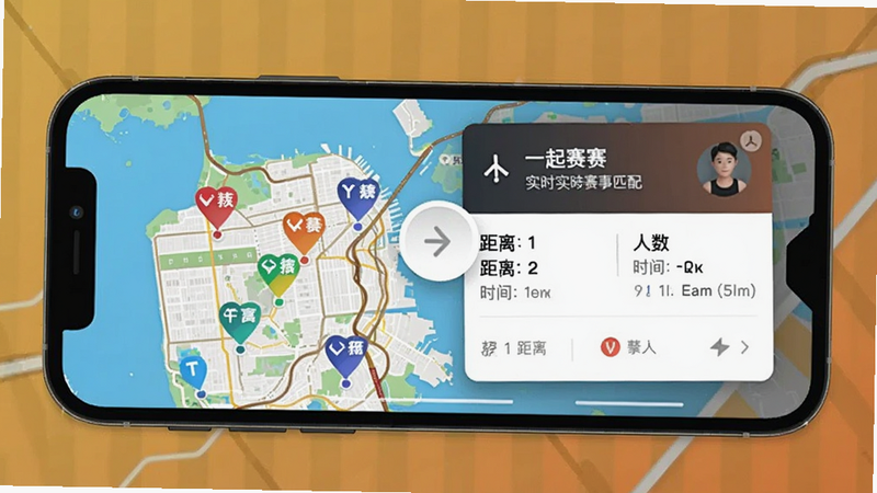 一起赛实时赛事匹配界面截图,手机屏幕显示地图上多个赛事点标,用户点击后弹出赛事详情卡片,包含距离、人数、时间等,风格现代,色彩鲜明