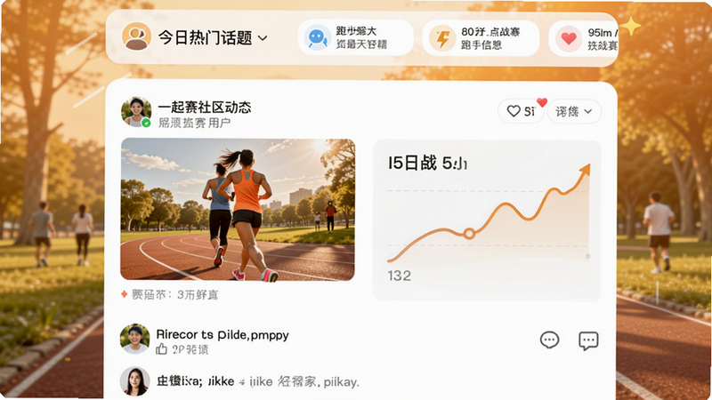 一起赛社区动态界面,用户发布跑步照片和战绩,下方有好友点赞评论,顶部有今日热门话题,画面温暖有活力