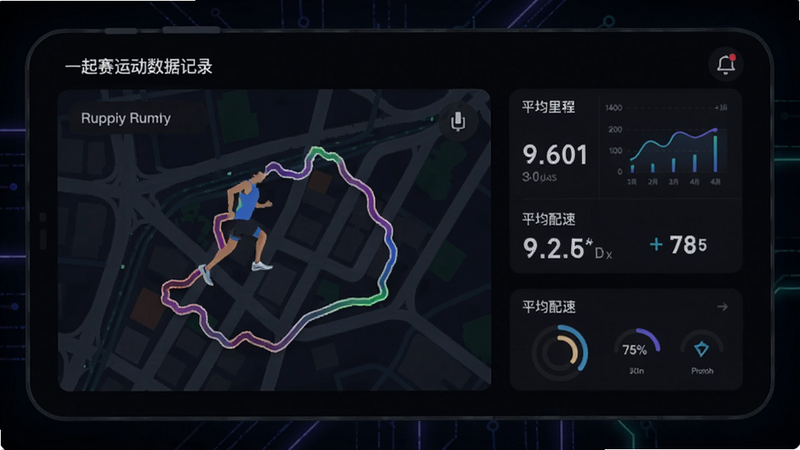 一起赛运动数据记录页面,展示跑步轨迹地图、里程、平均配速等数据卡片,背景为深色科技风,数据可视化图表简洁清晰