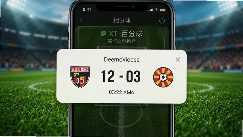 百分球实时比分推送界面,手机屏幕弹出进球通知,背景为足球场草坪,通知卡片显示球队Logo、比分和时间,色彩鲜艳,细节清晰。