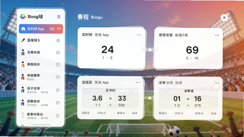 百分球App主界面展示实时比分与赛事列表,左侧为赛程导航栏,右侧为比分卡片,背景为渐变色体育场,整体风格简洁现代,适配Boogu模型生成。