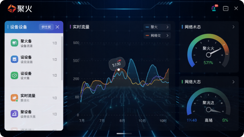 聚火主界面预览图,展示设备列表和网络状态仪表盘,背景为深蓝色科技网格,中央显示实时流量曲线,左上角聚火Logo,整体风格简洁明亮
