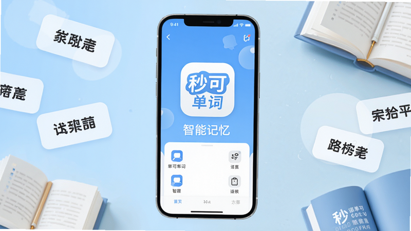 画面中央是一部手机屏幕,屏幕上显示秒可单词APP的主界面,背景是淡蓝色渐变,周围有散落的单词卡片和书本元素,界面整洁明亮,突出“秒可单词”logo和“智能记忆”字样,整体风格清新学习风。