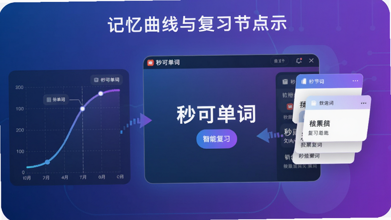 一张展示记忆曲线与复习节点的示意图,中间是“秒可单词”软件界面,左侧有曲线图表,右侧是单词卡片弹出,色彩使用蓝紫渐变,科技感十足,强调智能复习功能。