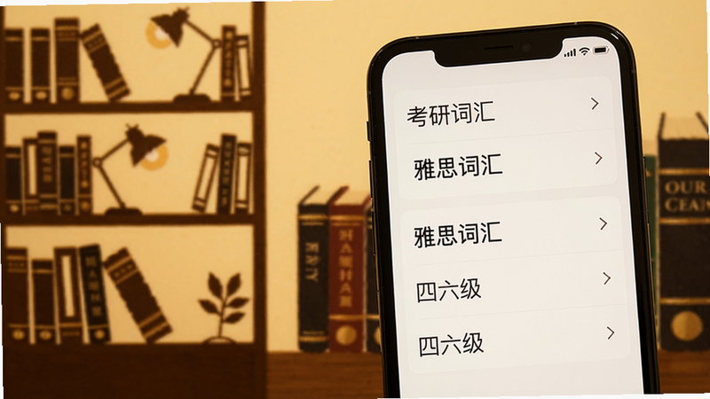 手机屏幕展示秒可单词的词库选择界面,列表中有“考研词汇”“雅思词汇”“四六级”等分类,背景是书架和词典的剪影,色调温暖,突出词库丰富性。