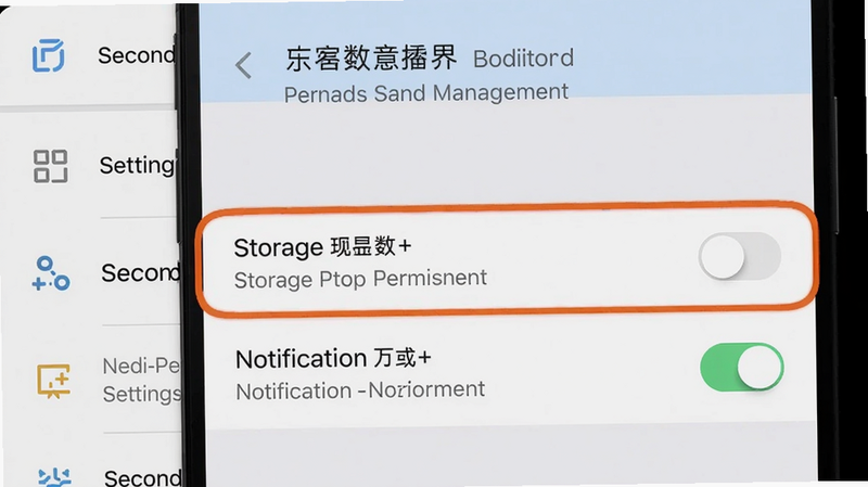 一张手机设置界面的截图,显示秒可单词的权限管理页面,重点标注存储权限和通知权限开关,背景是手机系统设置列表,画面清晰。
