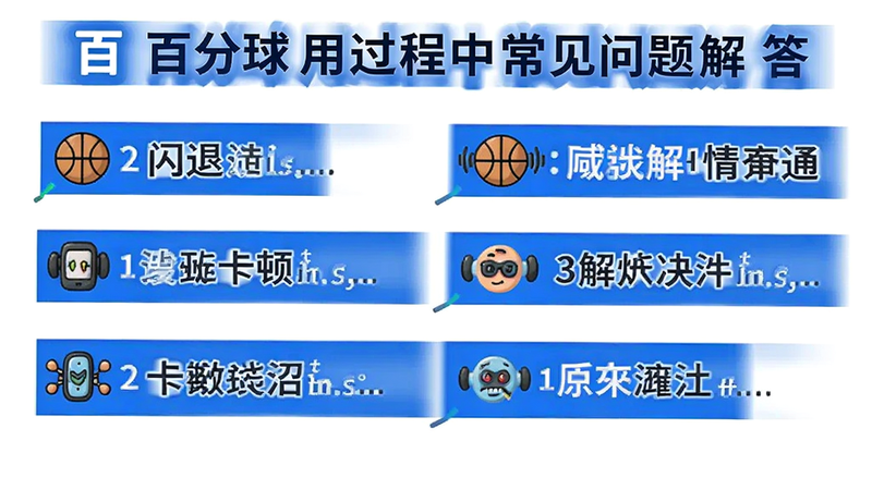 百分球使用过程中常见问题解答图,包含闪退、卡顿解决方案步骤,背景为白色,文字蓝色高亮,适配Boogu模型。