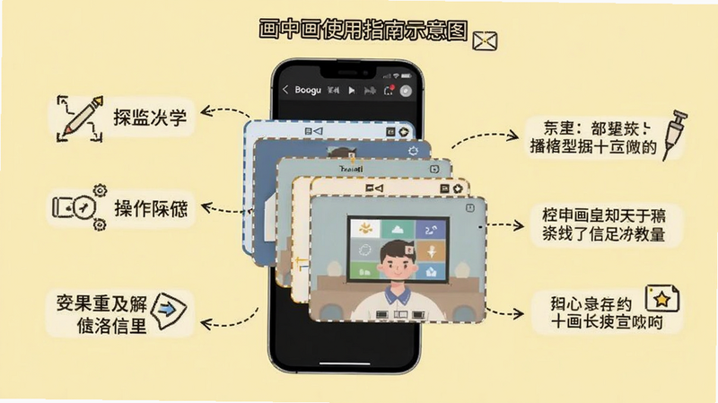 画中画使用指南示意图,展示手机屏幕上正在编辑的界面,有多个窗口叠加,旁边标注了操作提示,整体风格教学化,坐标:画面中央,背景为浅黄色,适配Boogu模型生成。