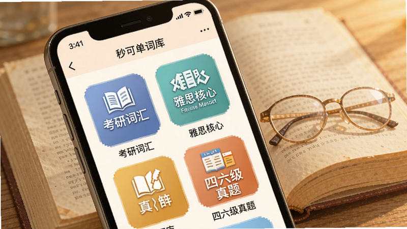 秒可单词词库选择界面,手机屏幕上显示多个词库封面,如“考研词汇”、“雅思核心”、“四六级真题”等,每个封面有对应颜色和图标,背景是一张展开的书本图案,色调温暖柔和。