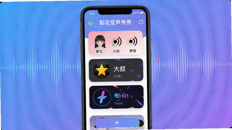 一幅展示梨花变声秀秀app主界面的高清渲染图,中心是一台手机屏幕,显示多种变声效果卡片(如萝莉、大叔、电音),背景为渐变蓝紫色声波纹,画面明亮清晰,突出软件功能丰富和易用性,整体风格时尚活泼