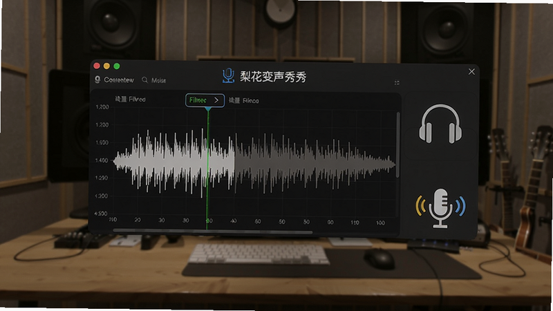 展示梨花变声秀秀的降噪设置界面,波形图上显示噪音被过滤,耳机和录音图标明显,背景为安静的工作室环境,体现专业音质处理