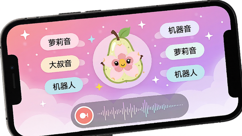 画面整体呈现一个明亮的手机屏幕特写,屏幕内显示梨花变声秀秀的主界面,背景为渐变的粉色与紫色星空,界面中央有一个可爱的卡通梨花图标,周围环绕着各种声线选项标签如“萝莉音”、“大叔音”、“机器人”,下方有录音按钮和波形动态显示。整体风格活泼可爱,色彩柔和,突出软件趣味变声的核心功能。