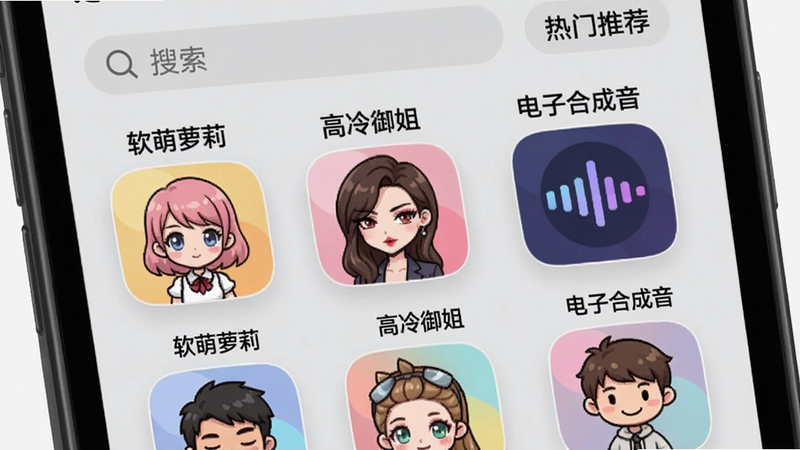 手机屏幕展示声线选择界面,以网格排列展示多种声线图标,每个图标上方有对应的声线名称如“软萌萝莉”、“高冷御姐”、“电子合成音”。图标设计为卡通角色头像,颜色各异。背景是浅灰色,界面顶部有搜索栏和“热门推荐”标签。整体风格清晰直观。