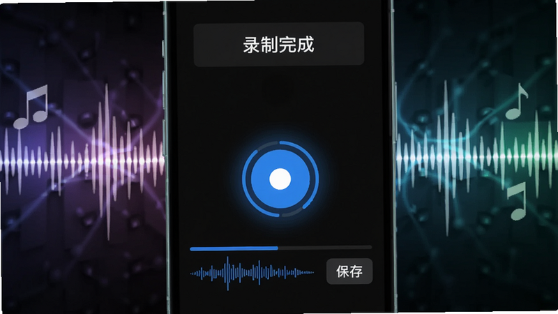 手机界面显示录音变声过程,一个蓝色的录音按钮正在闪烁,下方有进度条和波形显示,旁边有一个“保存”按钮。背景是音乐律动光效,顶部有“录制完成”提示。整体强调录音和文件处理功能。