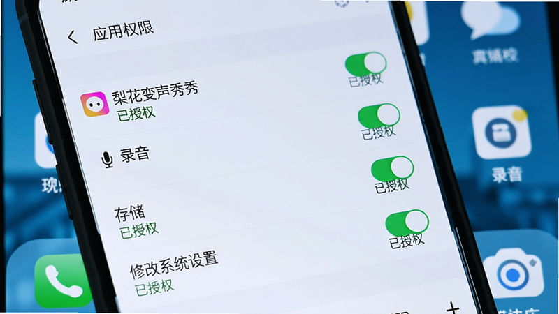 一张智能手机屏幕截图,显示手机系统设置页面中的“应用权限”列表,其中“梨花变声秀秀”的权限开关包括“录音”、“存储”、“修改系统设置”等,旁边有绿色小字“已授权”。背景为手机桌面,色调偏冷。整体强调软件权限管理,增强用户信任感。