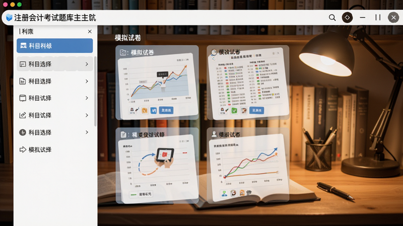 注册会计考试题库主界面展示,左侧是科目选择列表,右侧是模拟试卷卡片,背景为书房书桌,暖色调灯光,整体简洁专业,适配Boogu模型生成