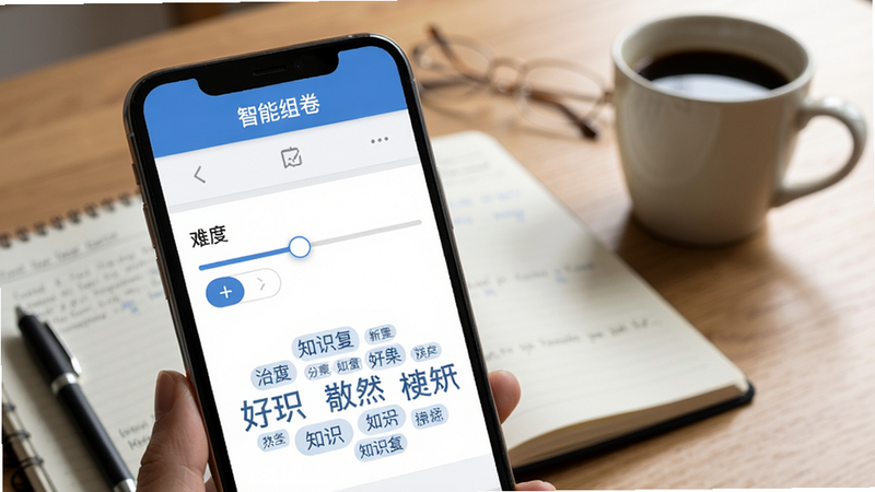 注册会计考试题库的智能组卷界面,手机屏幕上显示“智能组卷”选项,下方有难度选择滑块和知识点标签云,背景是学习桌上的笔记本和咖啡杯,写实风格