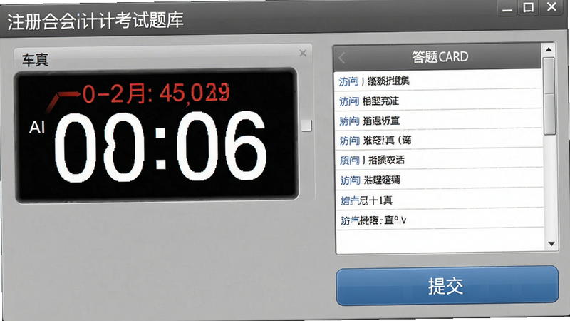 全真模拟考场界面,注册会计考试题库,左侧计时器,右侧答题卡,下方有提交按钮,背景模拟真实机考灰色调,界面带有倒计时动画