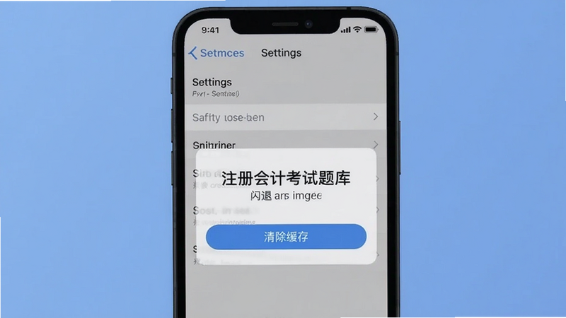 手机屏幕上显示“注册会计考试题库”闪退提示,背景是手机设置界面,带有清除缓存按钮,建议风格为说明图