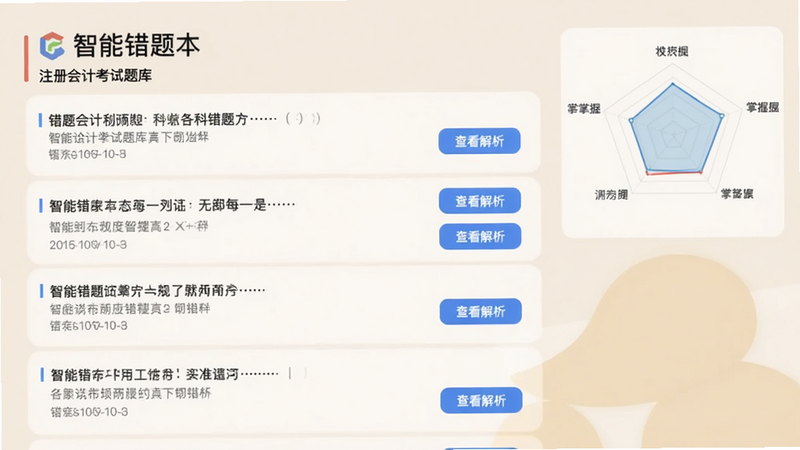 智能错题本界面,注册会计考试题库,以列表形式展示错题,每道题下方有“查看解析”按钮,右上角为雷达图显示各科掌握程度,背景柔和米色
