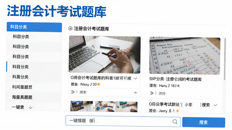 海量真题列表界面,注册会计考试题库,左侧为科目分类,右侧显示题目预览,底部有“一键搜题”搜索框,背景白色,标题加粗蓝色