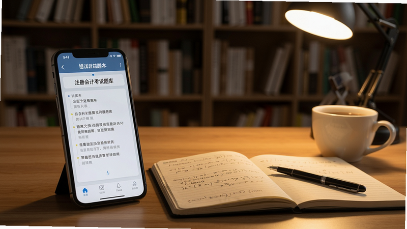 注册会计考试题库备考场景,桌上放着手机、笔记本和咖啡,手机屏幕上显示错题本页面,背景为书房书架,暖色调灯光,营造专注学习氛围