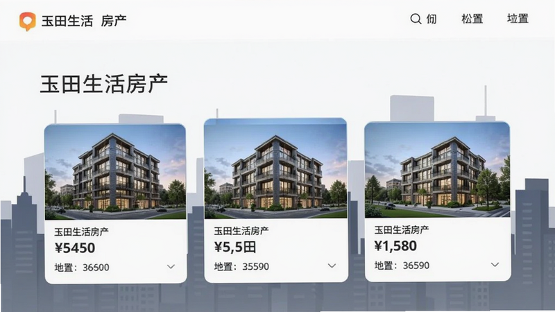 玉田生活房产页面,显示房源卡片,有图片、价格、位置,背景为城市建筑剪影,风格简约,适配Boogu模型生成。