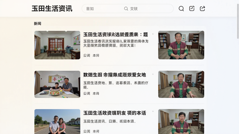 玉田生活资讯页面截图,展示新闻列表,包含标题和缩略图,背景柔和,界面清爽,突出本地化内容,适配Boogu模型生成。
