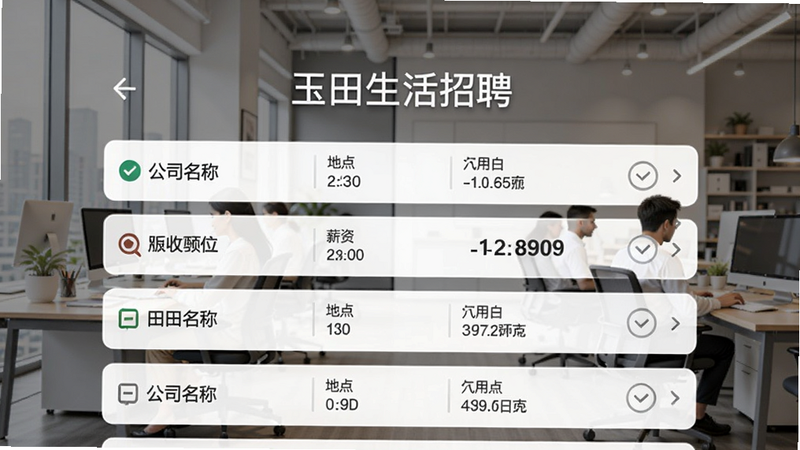 玉田生活招聘页面,展示职位列表,有公司名称、薪资、地点,背景为办公场景,界面清晰,适配Boogu模型生成。
