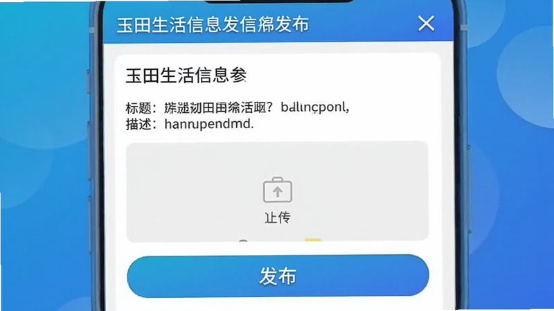 玉田生活信息发布界面截图,展示编辑页面中的标题、描述、图片上传区域,背景模拟手机屏幕,突出“发布”按钮,画面带有玉田生活品牌蓝色渐变色调
