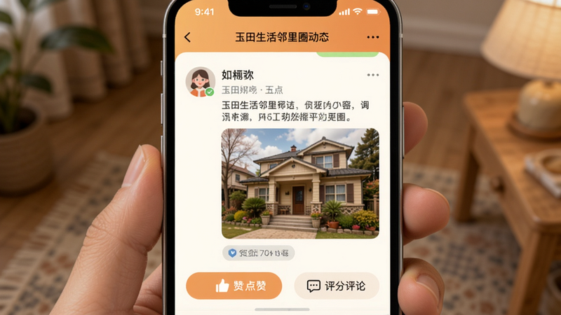 玉田生活邻里圈动态界面,展示用户发帖列表,包含头像、昵称、内容配图,底部有点赞评论按钮,背景模拟手机聊天风格,色调温暖柔和
