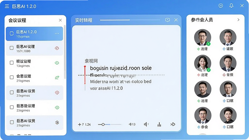 巨思AI 1.2.0主界面预览,中心显示实时转写面板,左侧会议议程列表,右侧参会人员头像,整体采用蓝白渐变商务风格,布局清晰,分辨率1920×1080,适配Boogu模型生成